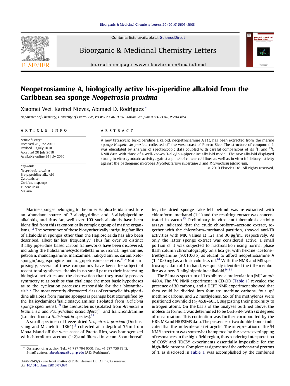 Neopetrosiamine A, biologically active bis-piperidine alkaloid from the Caribbean sea sponge Neopetrosia proxima