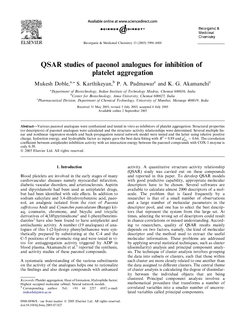 QSAR studies of paeonol analogues for inhibition of platelet aggregation