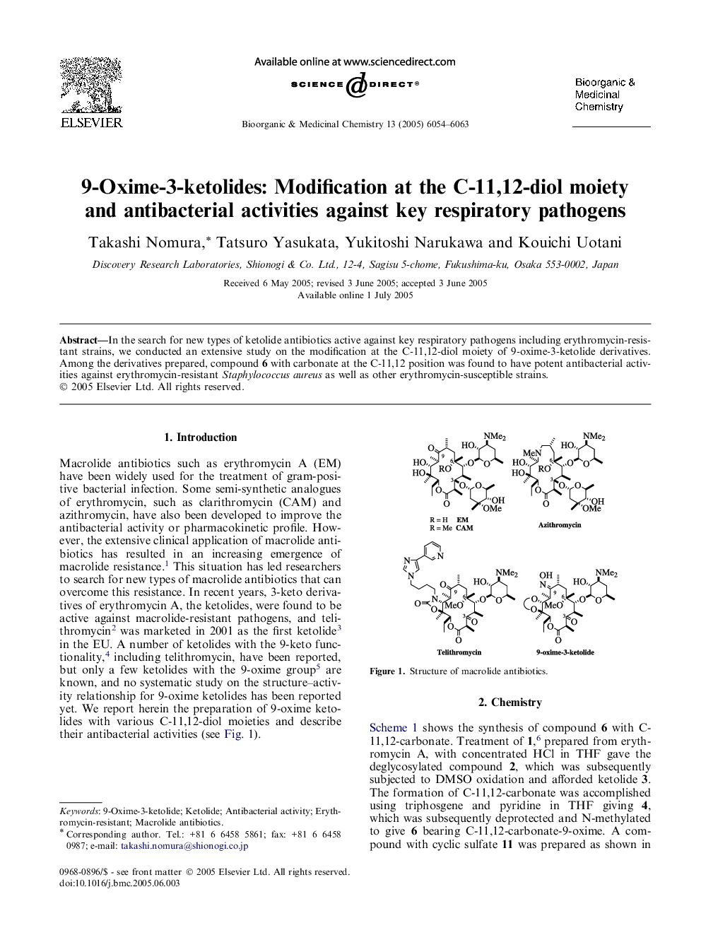 9-Oxime-3-ketolides: Modification at the C-11,12-diol moiety and antibacterial activities against key respiratory pathogens