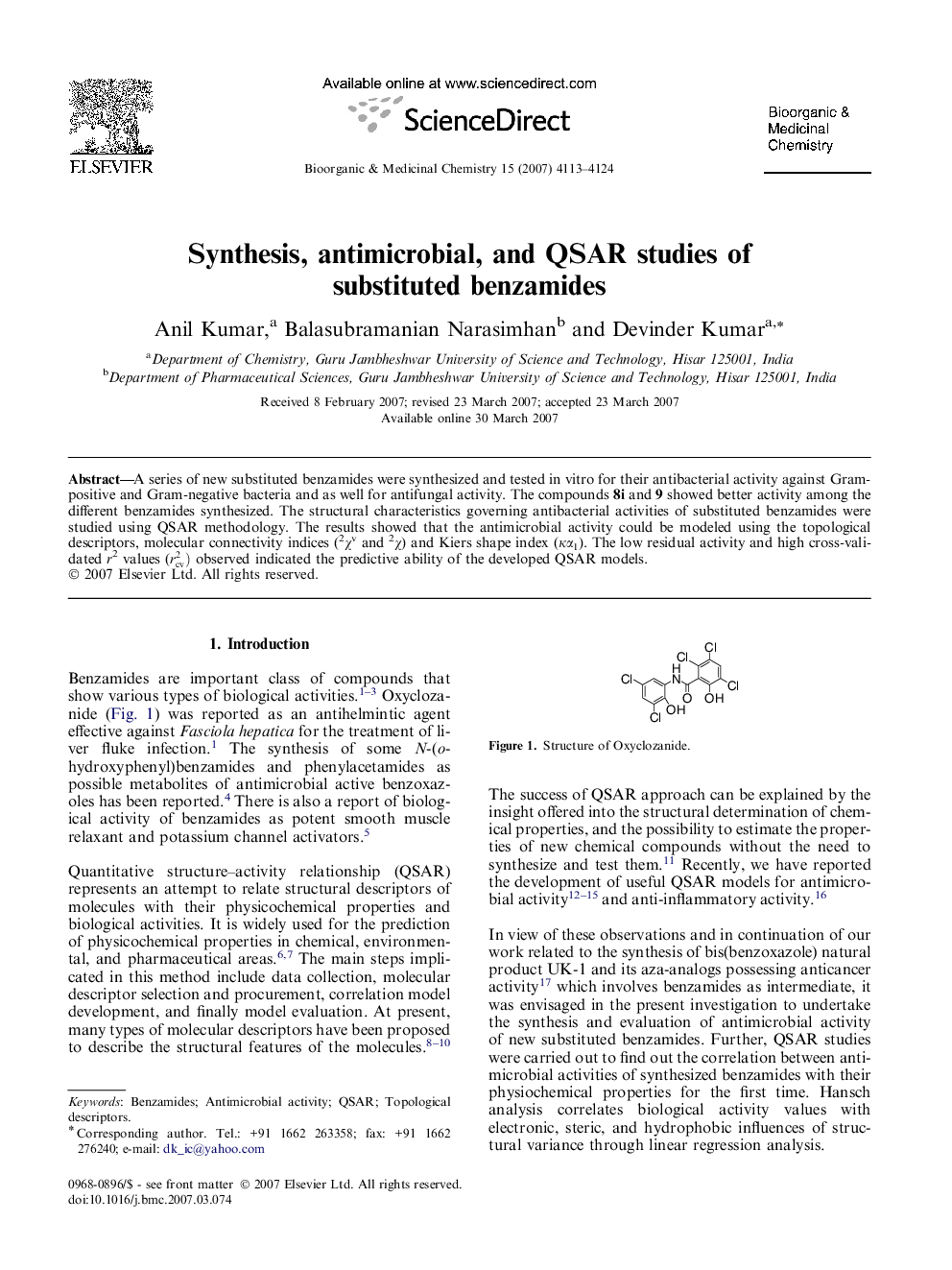 Synthesis, antimicrobial, and QSAR studies of substituted benzamides