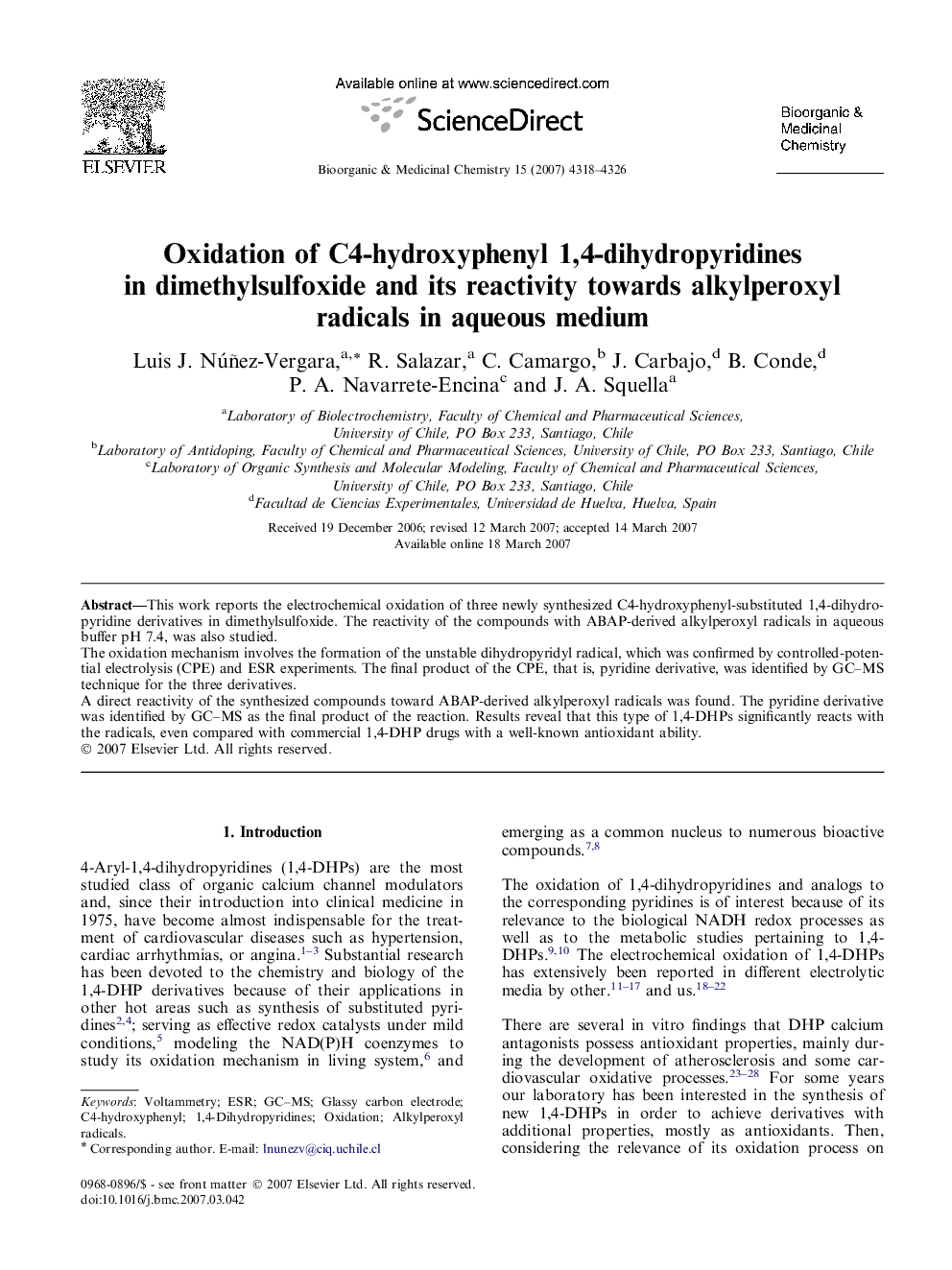 Oxidation of C4-hydroxyphenyl 1,4-dihydropyridines in dimethylsulfoxide and its reactivity towards alkylperoxyl radicals in aqueous medium