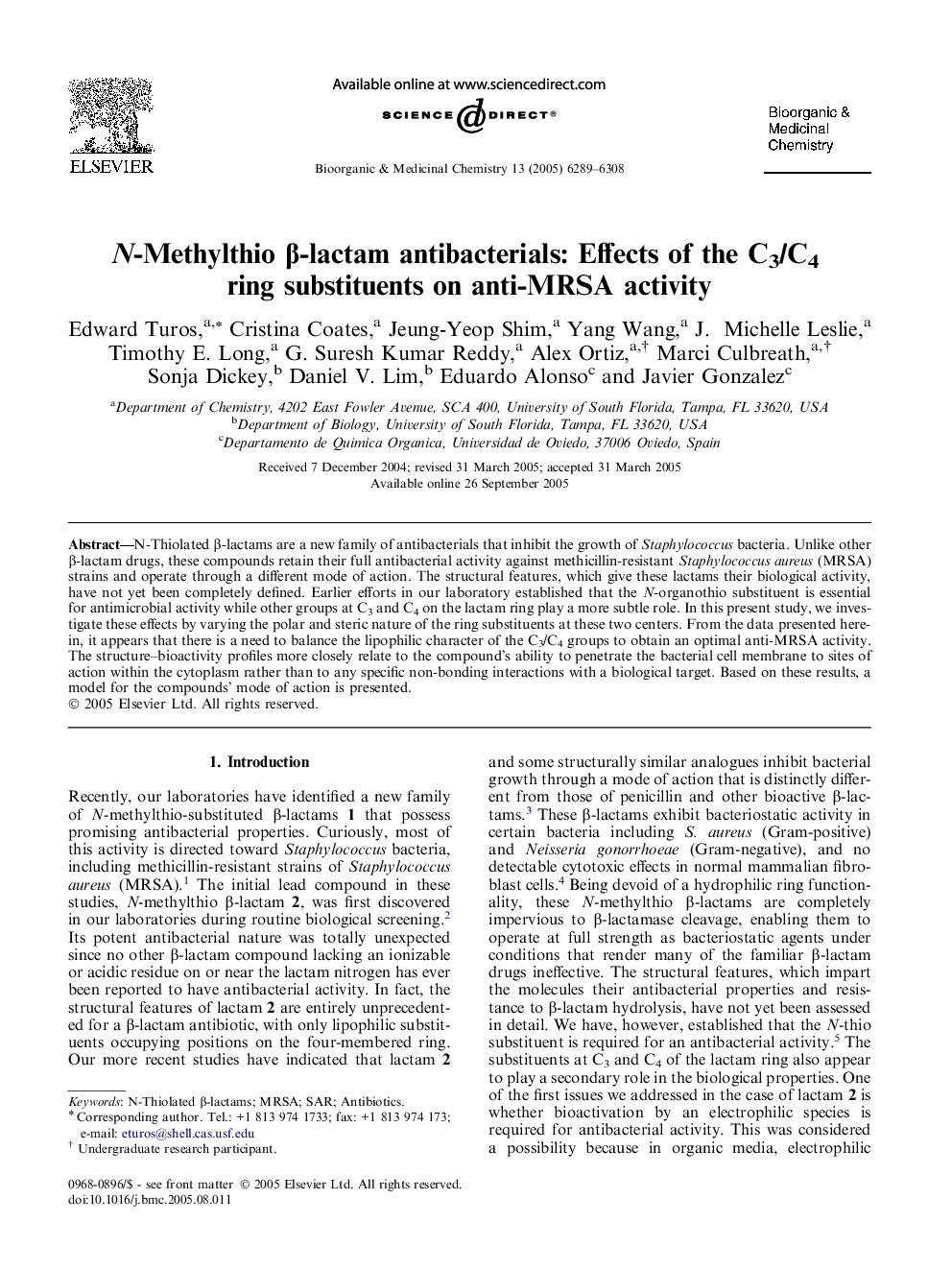 N-Methylthio β-lactam antibacterials: Effects of the C3/C4 ring substituents on anti-MRSA activity