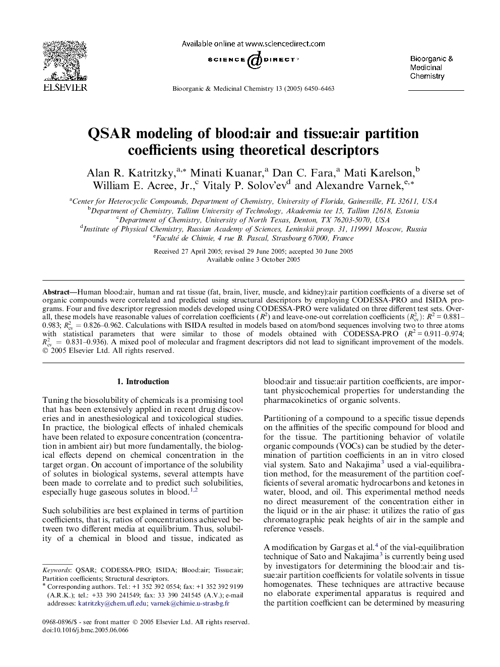 QSAR modeling of blood:air and tissue:air partition coefficients using theoretical descriptors