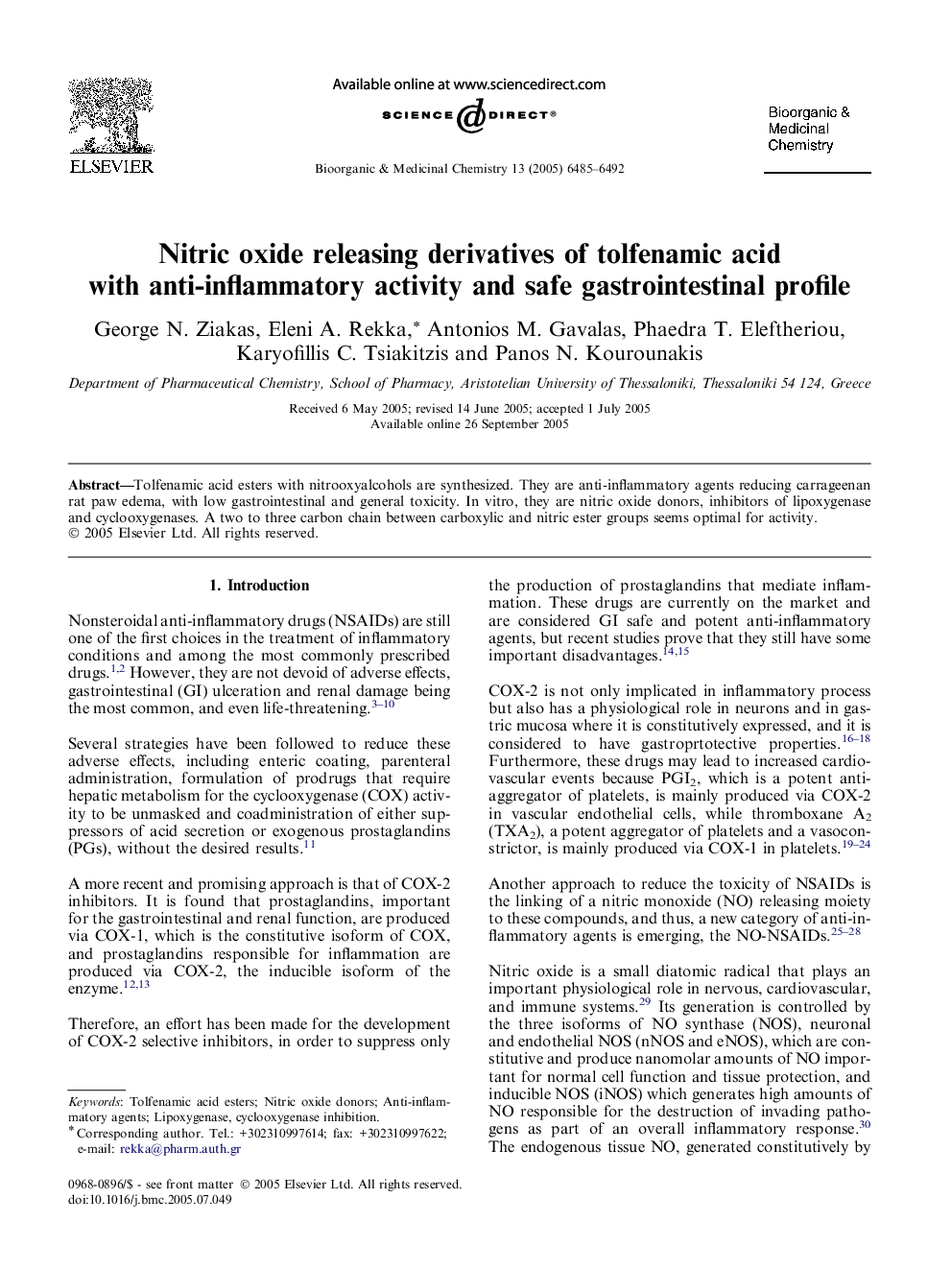 عکس صفحه اول مقاله: Nitric oxide releasing derivatives of tolfenamic acid with anti-inflammatory activity and safe gastrointestinal profile Nitric oxide releasing derivatives of tolfenamic acid with anti-inflammatory activity and safe gastrointestinal profile