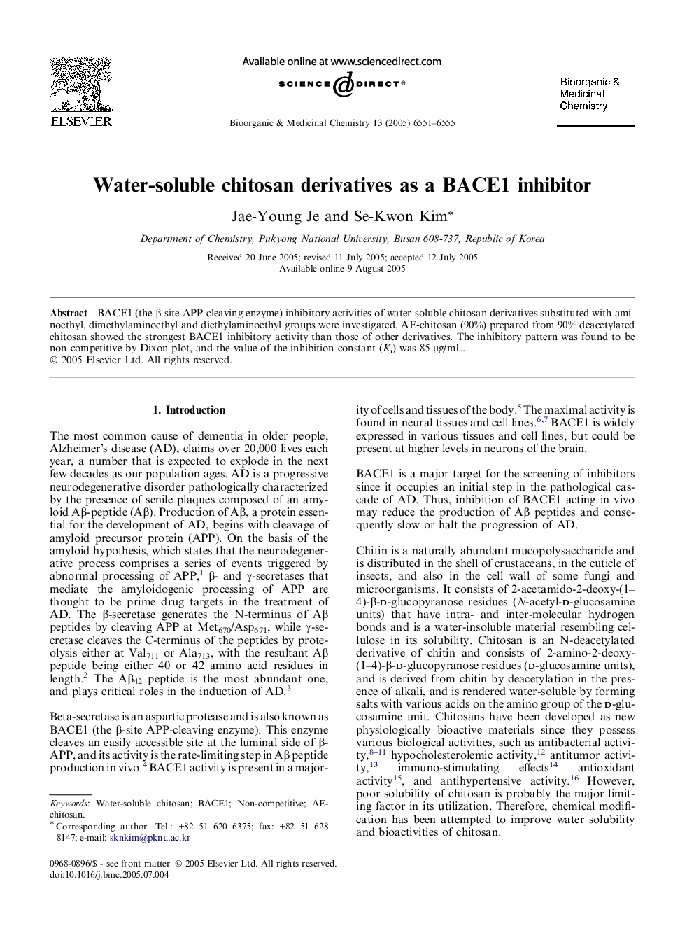 Water-soluble chitosan derivatives as a BACE1 inhibitor