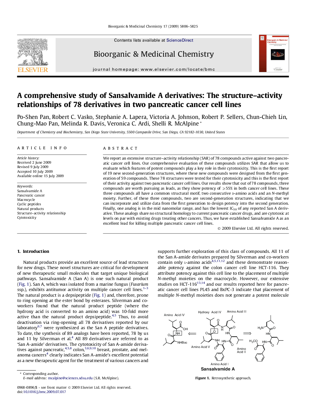 A comprehensive study of Sansalvamide A derivatives: The structure–activity relationships of 78 derivatives in two pancreatic cancer cell lines