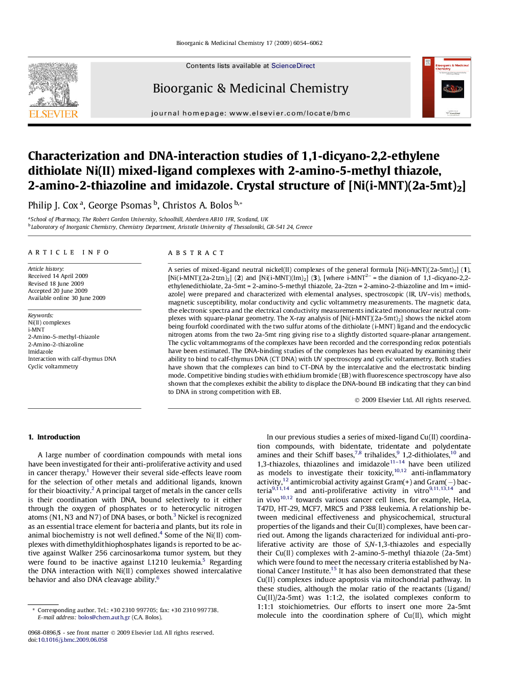 Characterization and DNA-interaction studies of 1,1-dicyano-2,2-ethylene dithiolate Ni(II) mixed-ligand complexes with 2-amino-5-methyl thiazole, 2-amino-2-thiazoline and imidazole. Crystal structure of [Ni(i-MNT)(2a-5mt)2]