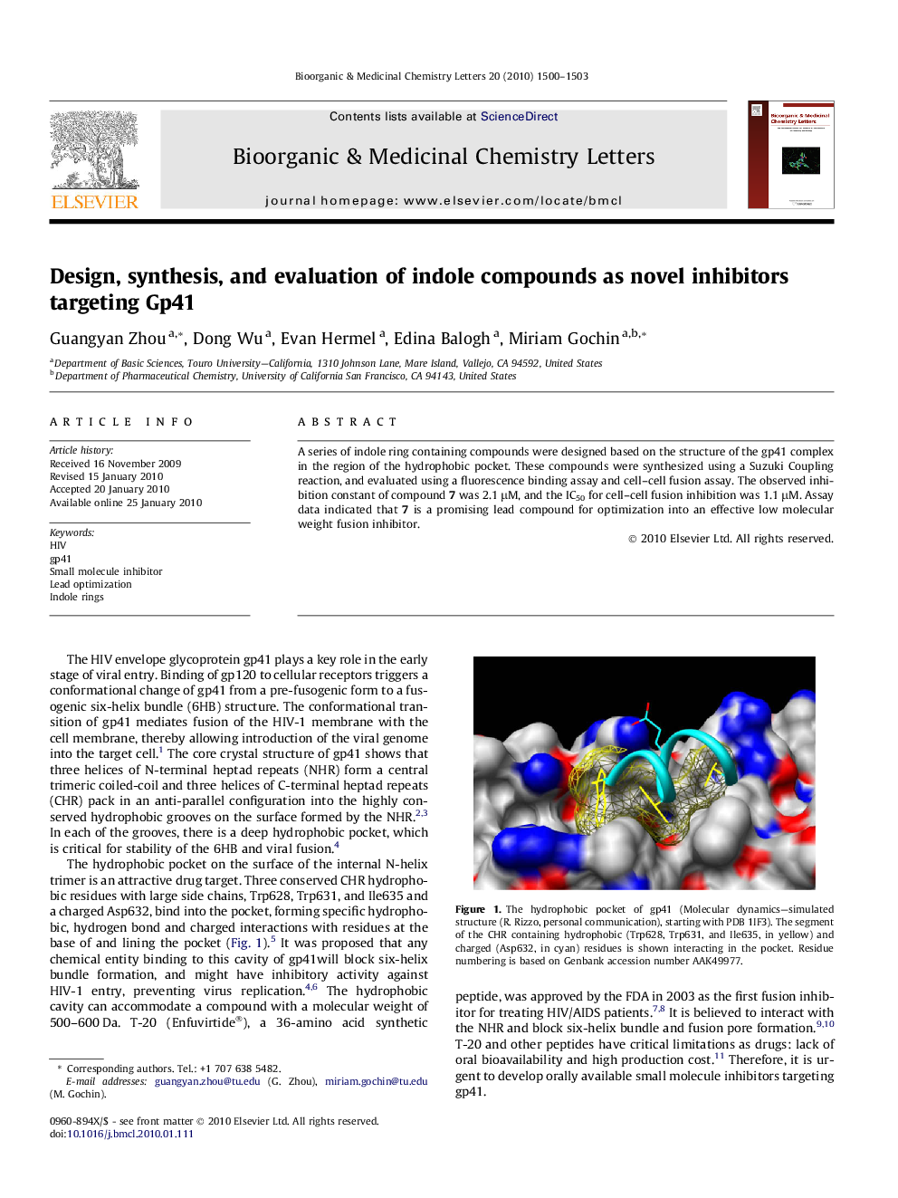 Design, synthesis, and evaluation of indole compounds as novel inhibitors targeting Gp41