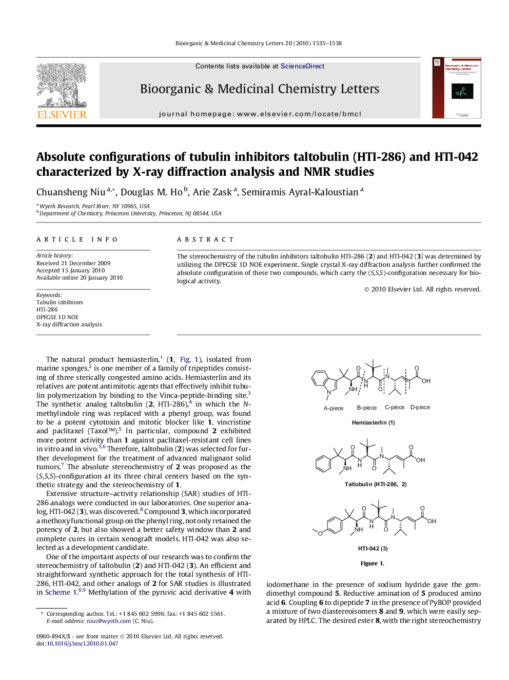 Absolute configurations of tubulin inhibitors taltobulin (HTI-286) and HTI-042 characterized by X-ray diffraction analysis and NMR studies