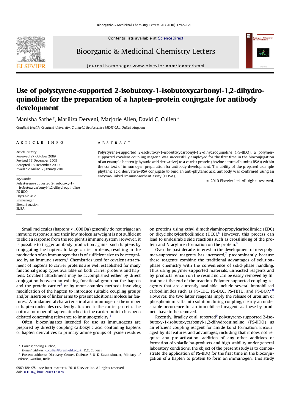 Use of polystyrene-supported 2-isobutoxy-1-isobutoxycarbonyl-1,2-dihydroquinoline for the preparation of a hapten–protein conjugate for antibody development