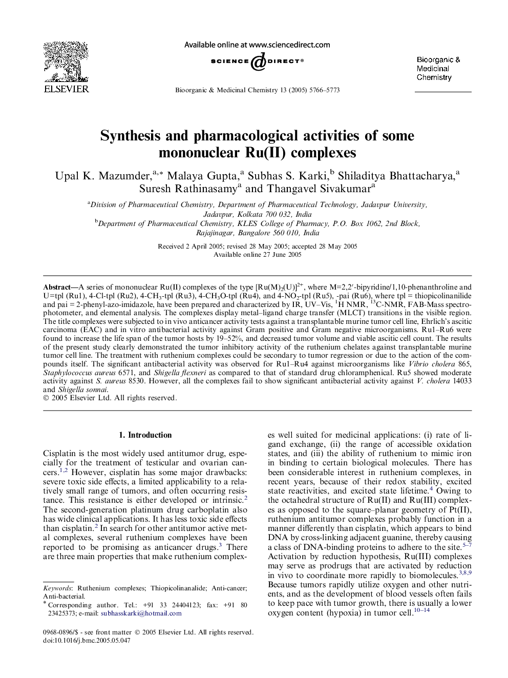 Synthesis and pharmacological activities of some mononuclear Ru(II) complexes