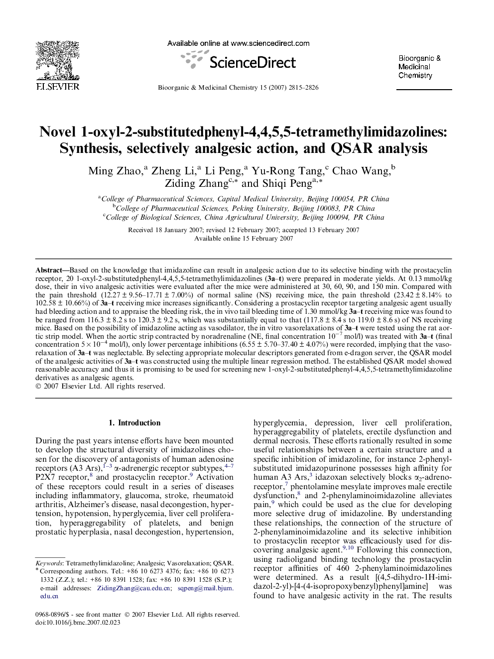 Novel 1-oxyl-2-substitutedphenyl-4,4,5,5-tetramethylimidazolines: Synthesis, selectively analgesic action, and QSAR analysis