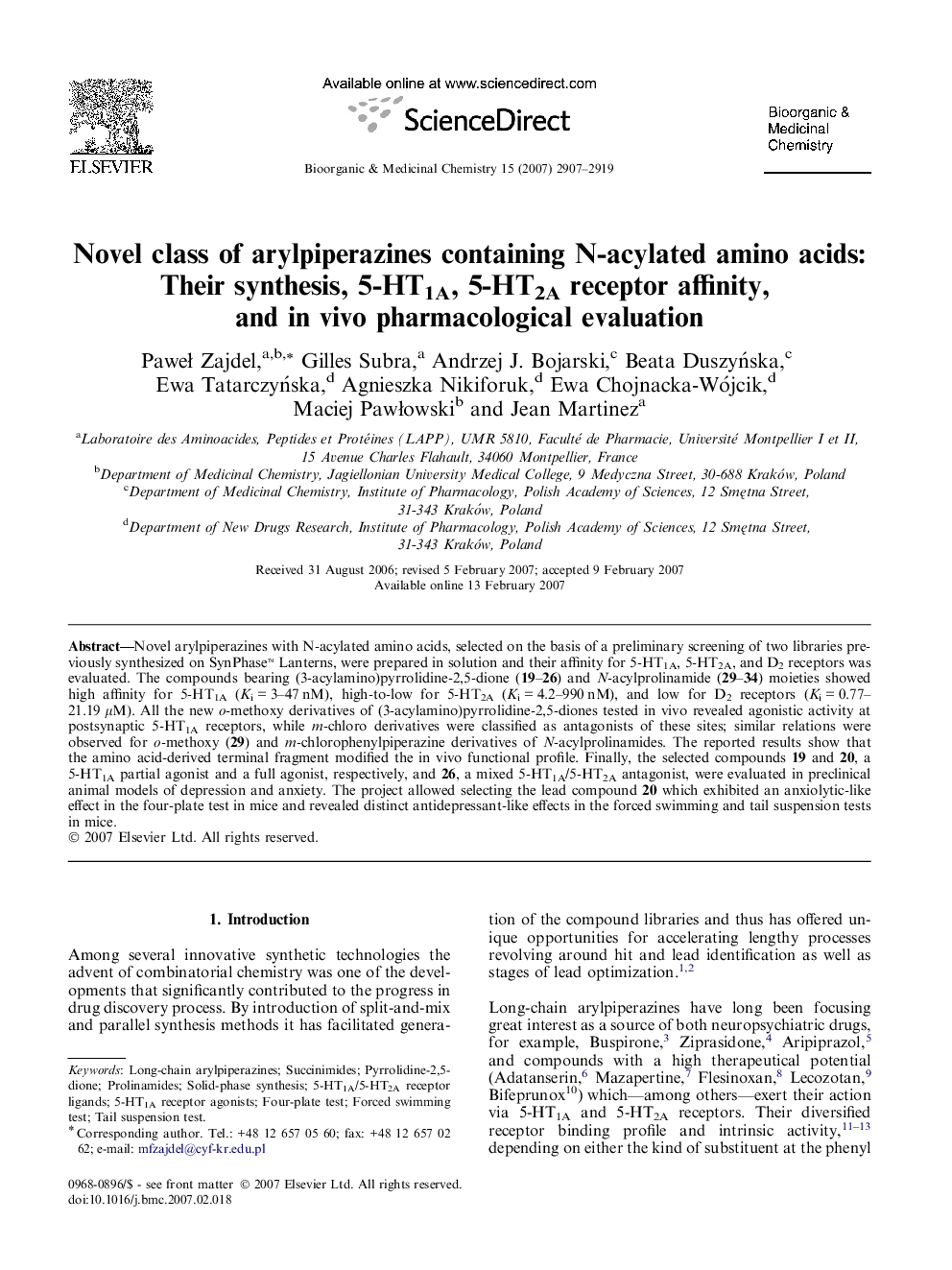 Novel class of arylpiperazines containing N-acylated amino acids: Their synthesis, 5-HT1A, 5-HT2A receptor affinity, and in vivo pharmacological evaluation