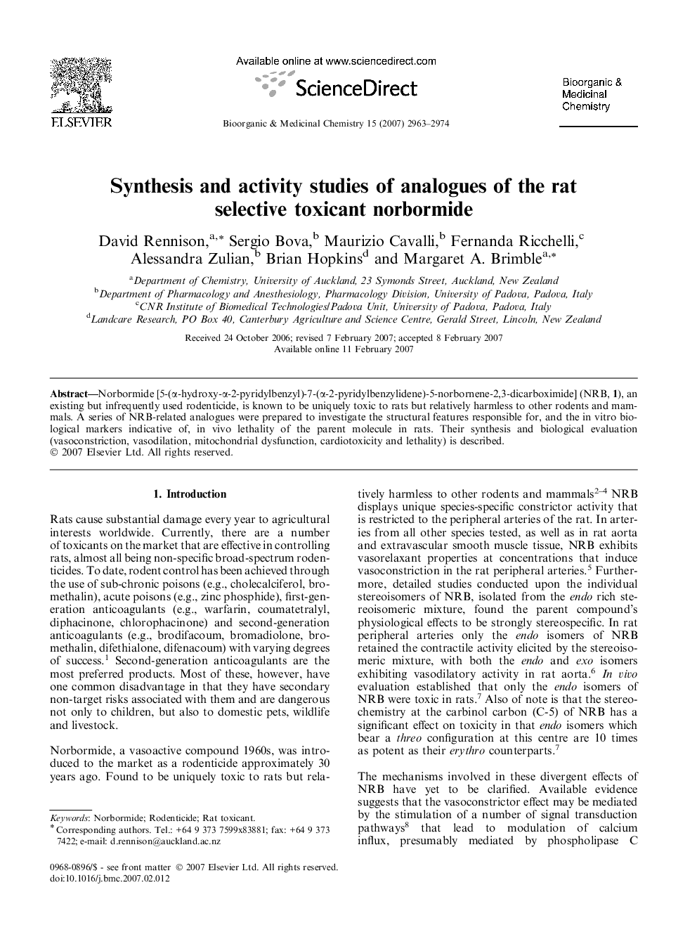 Synthesis and activity studies of analogues of the rat selective toxicant norbormide