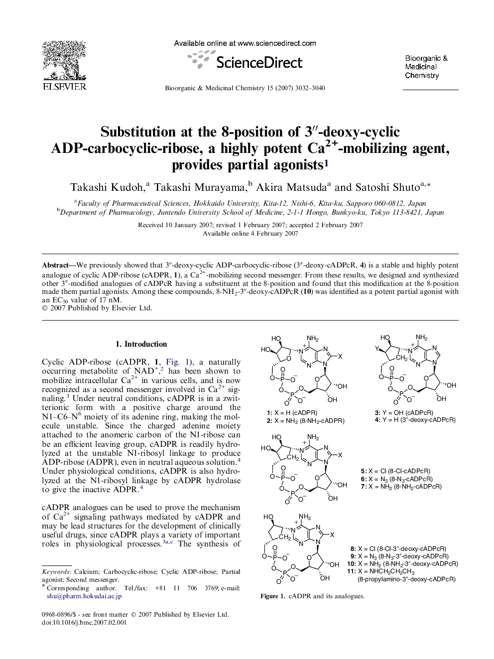 Substitution at the 8-position of 3″-deoxy-cyclic ADP-carbocyclic-ribose, a highly potent Ca2+-mobilizing agent, provides partial agonists1