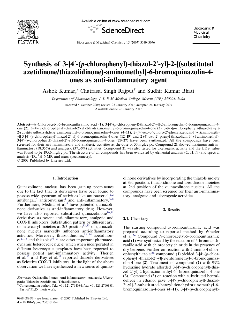 Synthesis of 3-[4′-(p-chlorophenyl)-thiazol-2′-yl]-2-[(substituted azetidinone/thiazolidinone)-aminomethyl]-6-bromoquinazolin-4-ones as anti-inflammatory agent