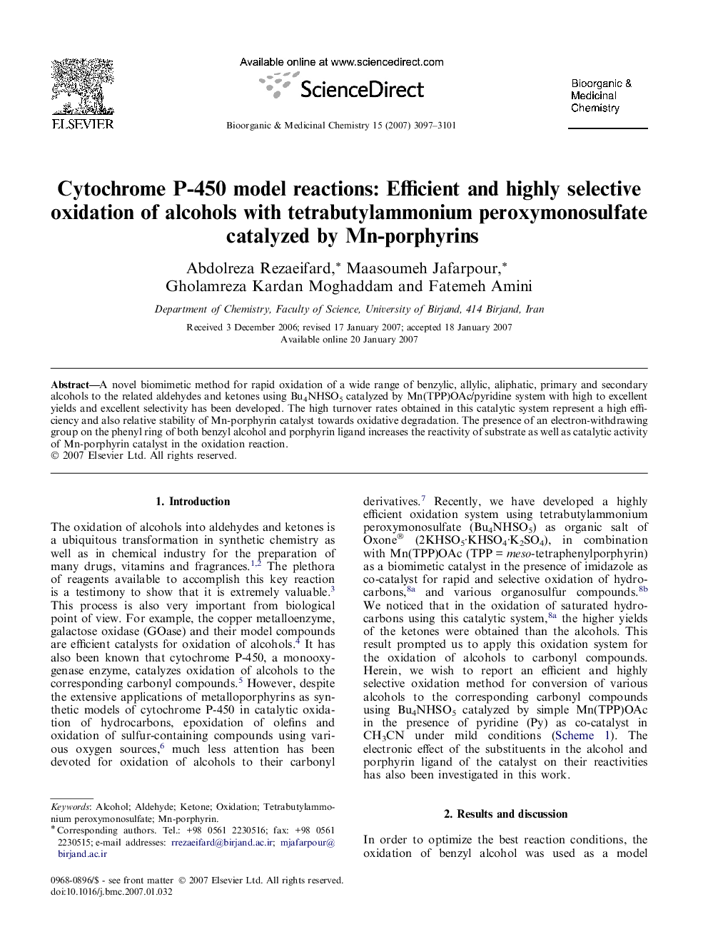 Cytochrome P-450 model reactions: Efficient and highly selective oxidation of alcohols with tetrabutylammonium peroxymonosulfate catalyzed by Mn-porphyrins