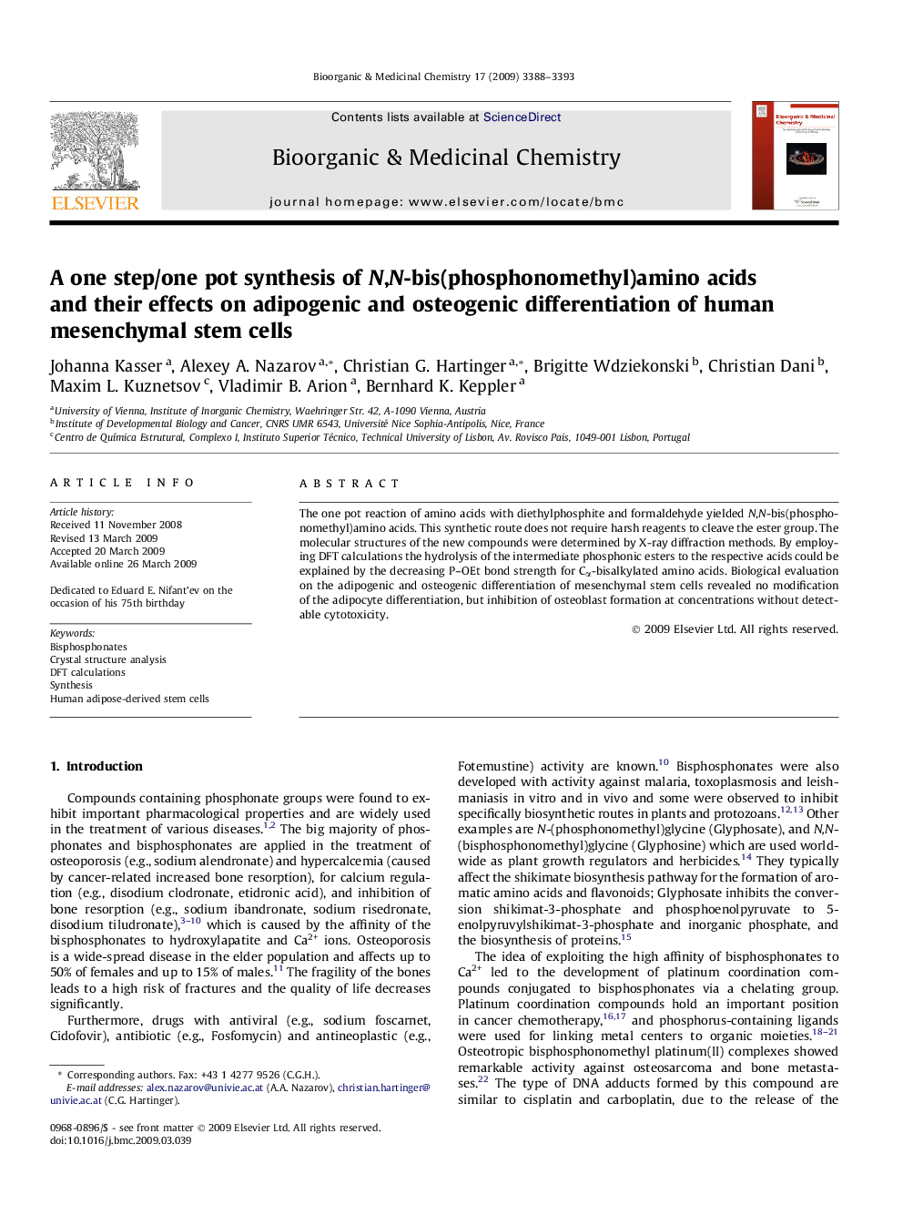 A one step/one pot synthesis of N,N-bis(phosphonomethyl)amino acids and their effects on adipogenic and osteogenic differentiation of human mesenchymal stem cells