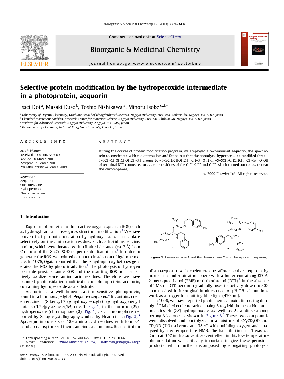 Selective protein modification by the hydroperoxide intermediate in a photoprotein, aequorin