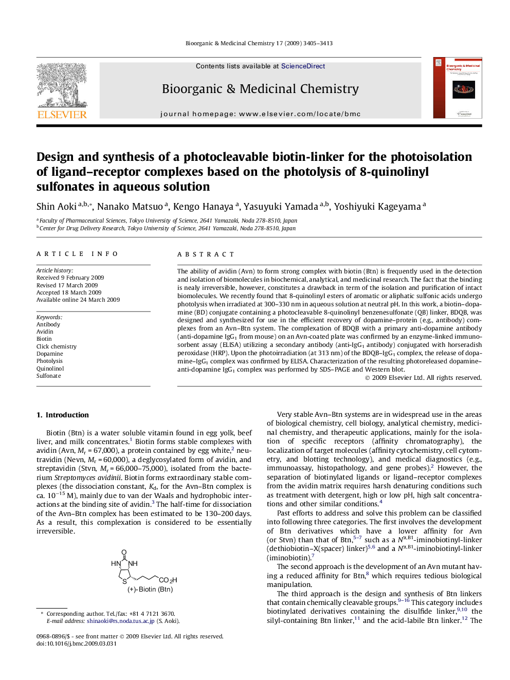 Design and synthesis of a photocleavable biotin-linker for the photoisolation of ligand–receptor complexes based on the photolysis of 8-quinolinyl sulfonates in aqueous solution