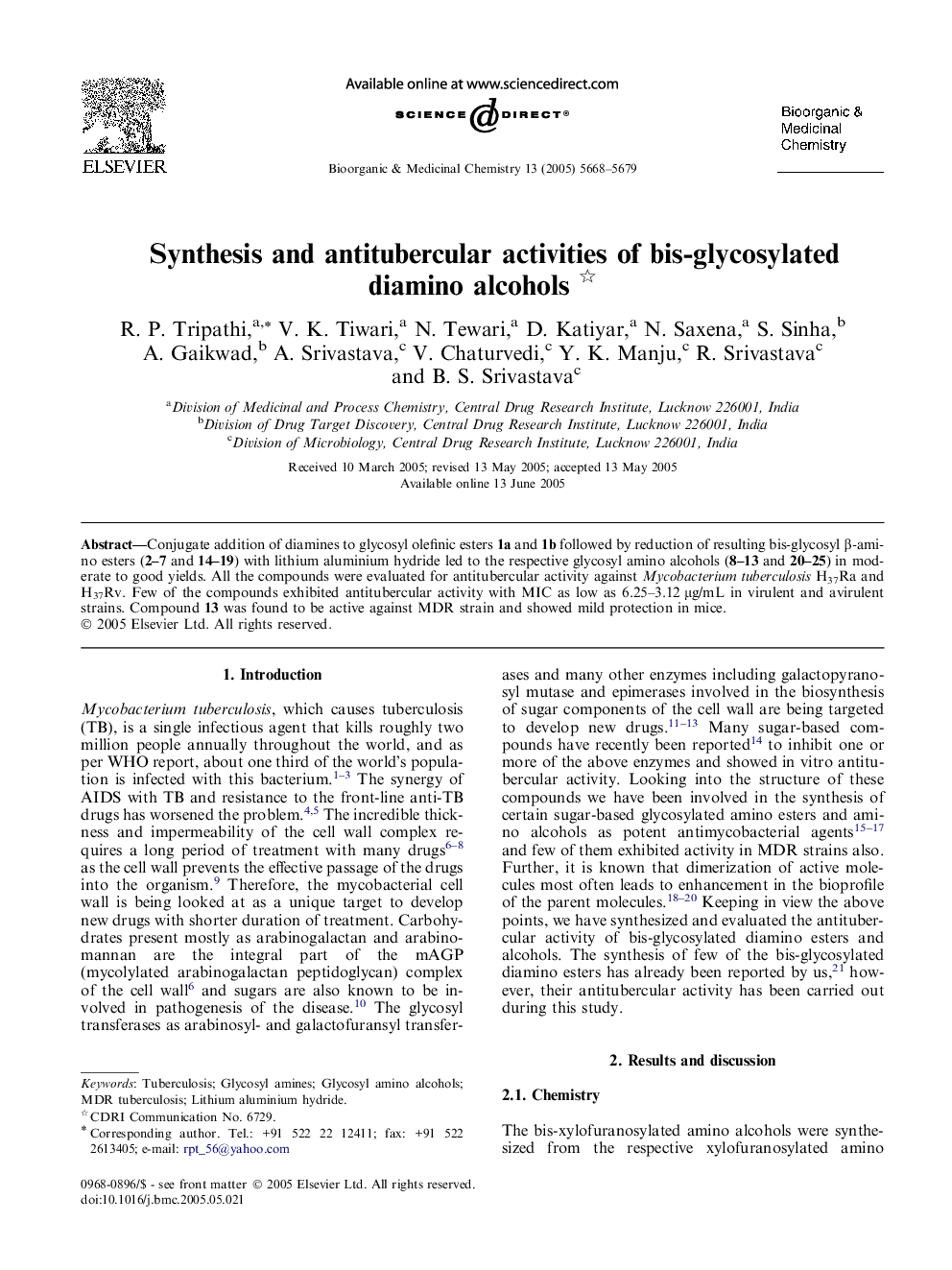 Synthesis and antitubercular activities of bis-glycosylated diamino alcohols 