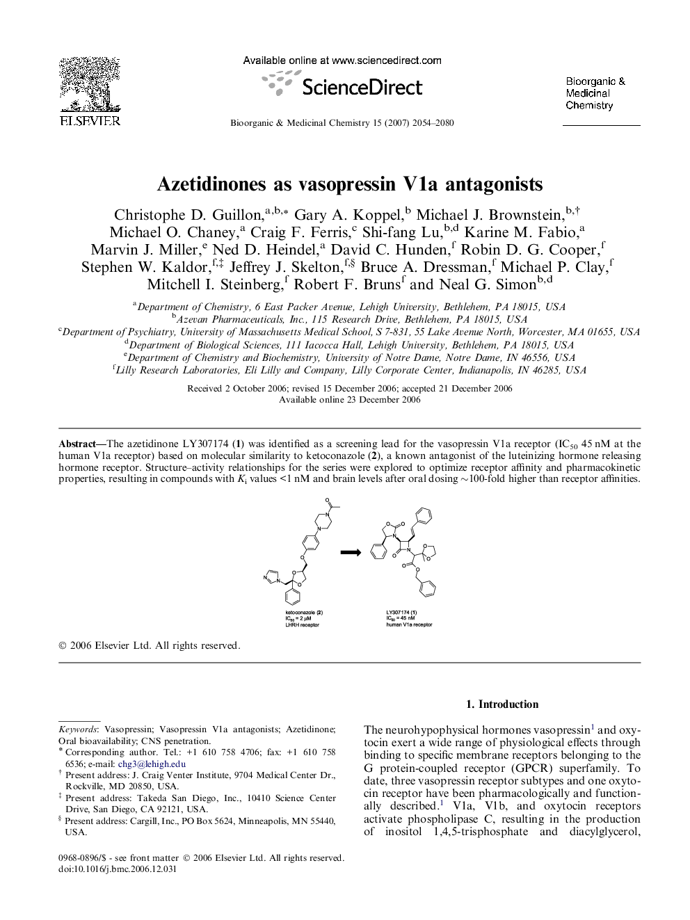 Azetidinones as vasopressin V1a antagonists