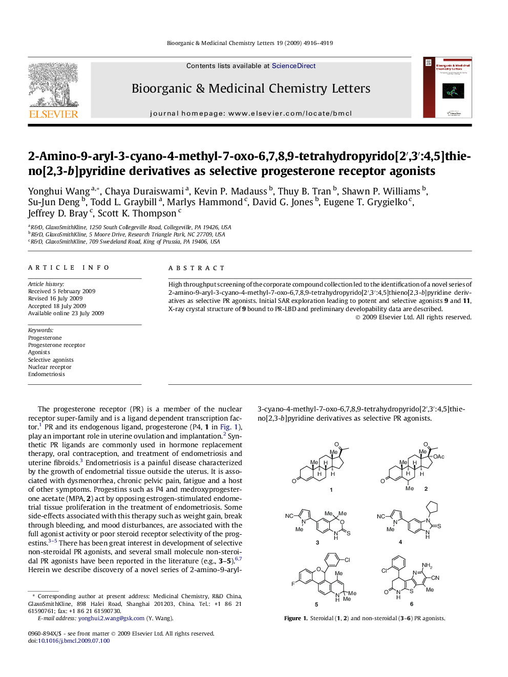 2-Amino-9-aryl-3-cyano-4-methyl-7-oxo-6,7,8,9-tetrahydropyrido[2′,3′:4,5]thieno[2,3-b]pyridine derivatives as selective progesterone receptor agonists