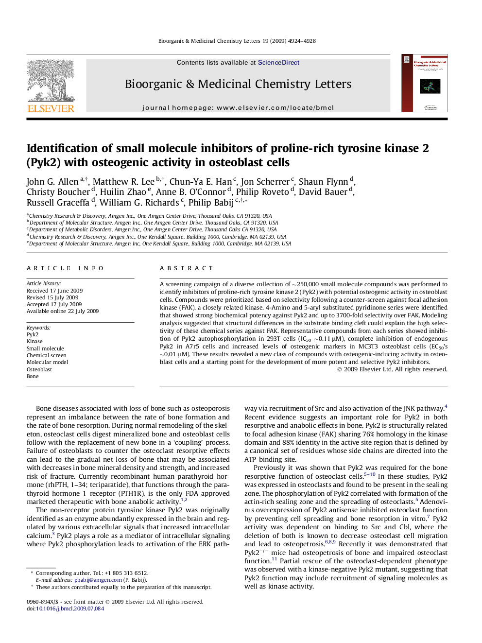 Identification of small molecule inhibitors of proline-rich tyrosine kinase 2 (Pyk2) with osteogenic activity in osteoblast cells