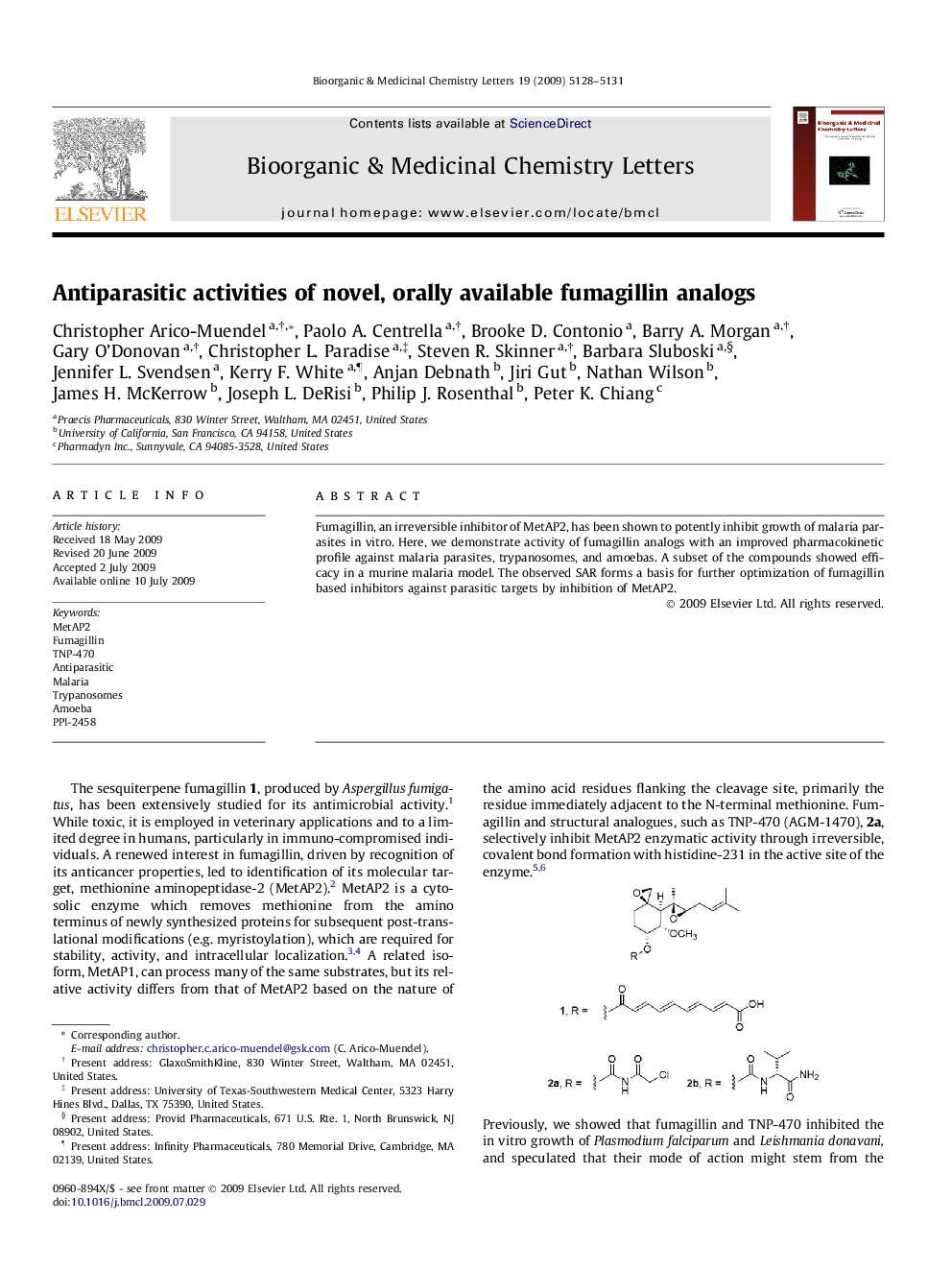 Antiparasitic activities of novel, orally available fumagillin analogs