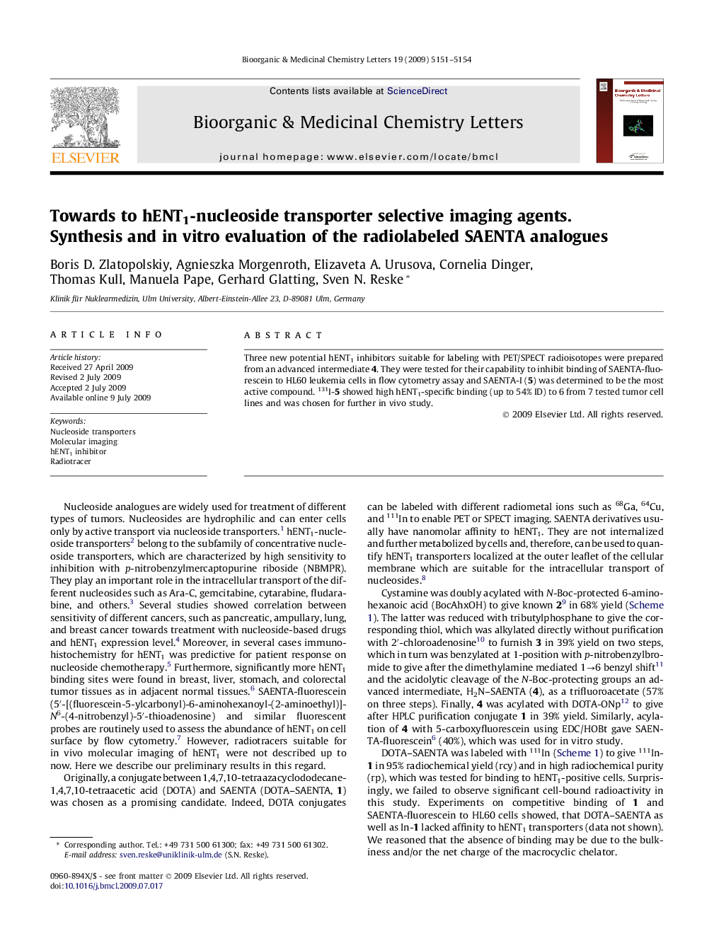 Towards to hENT1-nucleoside transporter selective imaging agents. Synthesis and in vitro evaluation of the radiolabeled SAENTA analogues