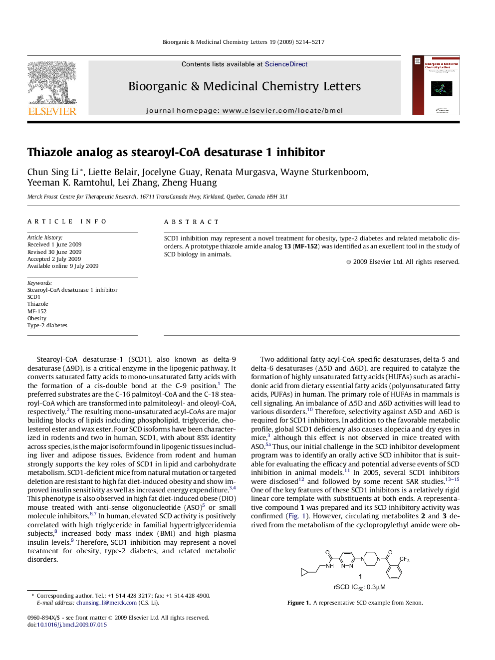 Thiazole analog as stearoyl-CoA desaturase 1 inhibitor