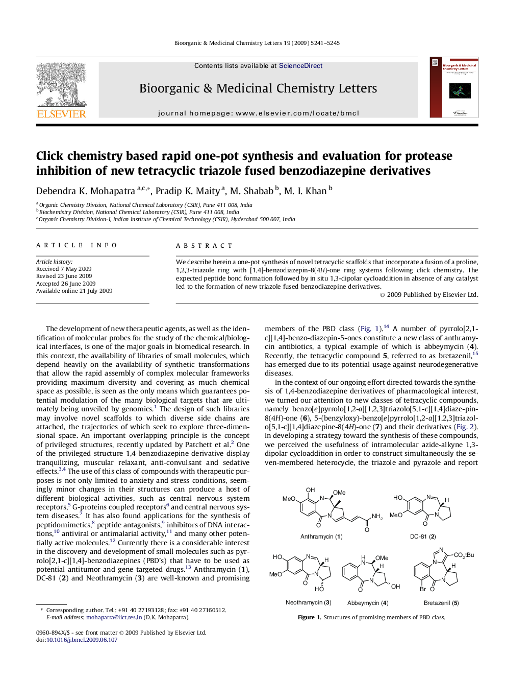 عکس صفحه اول مقاله: Click chemistry based rapid one-pot synthesis and evaluation for protease inhibition of new tetracyclic triazole fused benzodiazepine derivatives Click chemistry based rapid one-pot synthesis and evaluation for protease inhibition of new tetracyclic triazole fused benzodiazepine derivatives