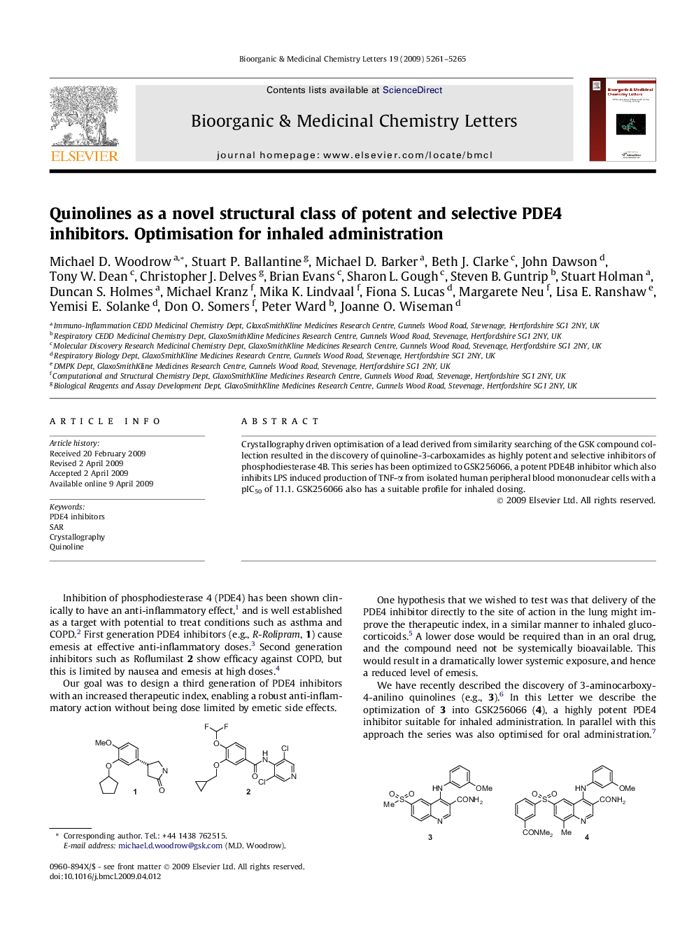 Quinolines as a novel structural class of potent and selective PDE4 inhibitors. Optimisation for inhaled administration