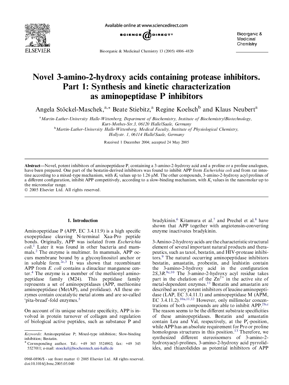 Novel 3-amino-2-hydroxy acids containing protease inhibitors. Part 1: Synthesis and kinetic characterization as aminopeptidase P inhibitors