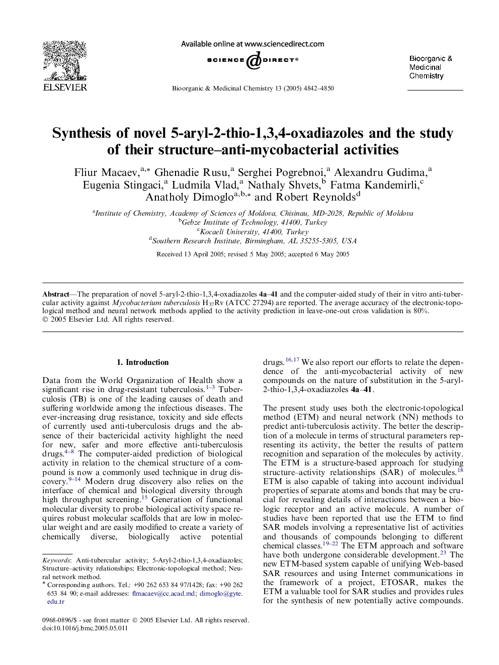 Synthesis of novel 5-aryl-2-thio-1,3,4-oxadiazoles and the study of their structure–anti-mycobacterial activities