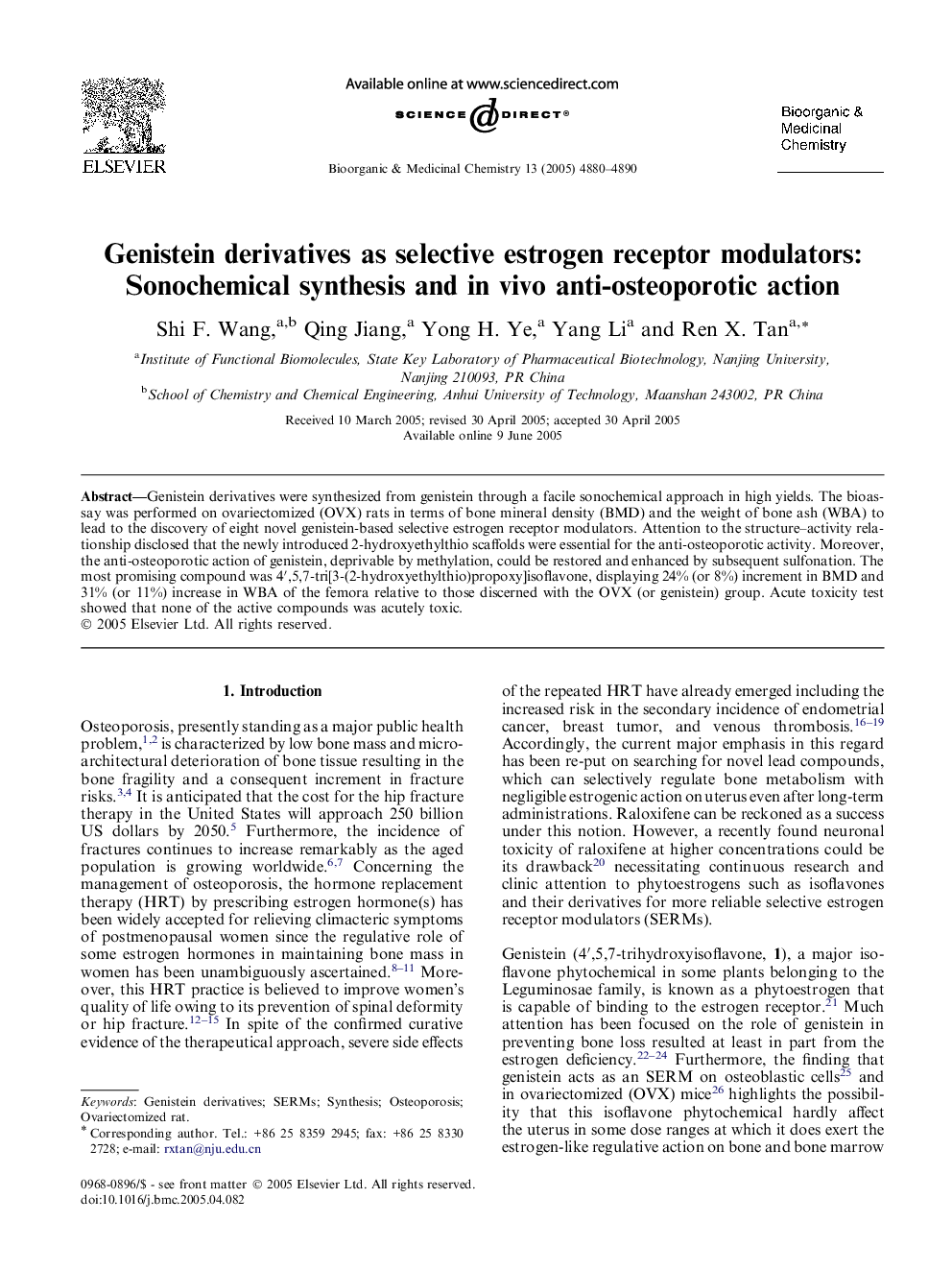 Genistein derivatives as selective estrogen receptor modulators: Sonochemical synthesis and in vivo anti-osteoporotic action