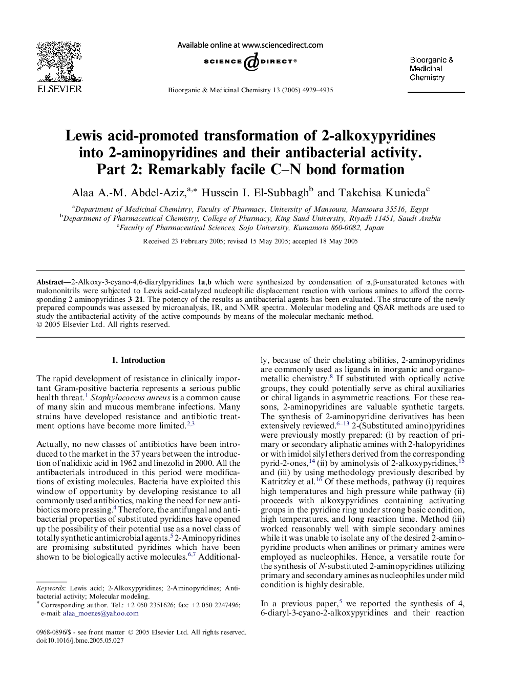 Lewis acid-promoted transformation of 2-alkoxypyridines into 2-aminopyridines and their antibacterial activity. Part 2: Remarkably facile C–N bond formation