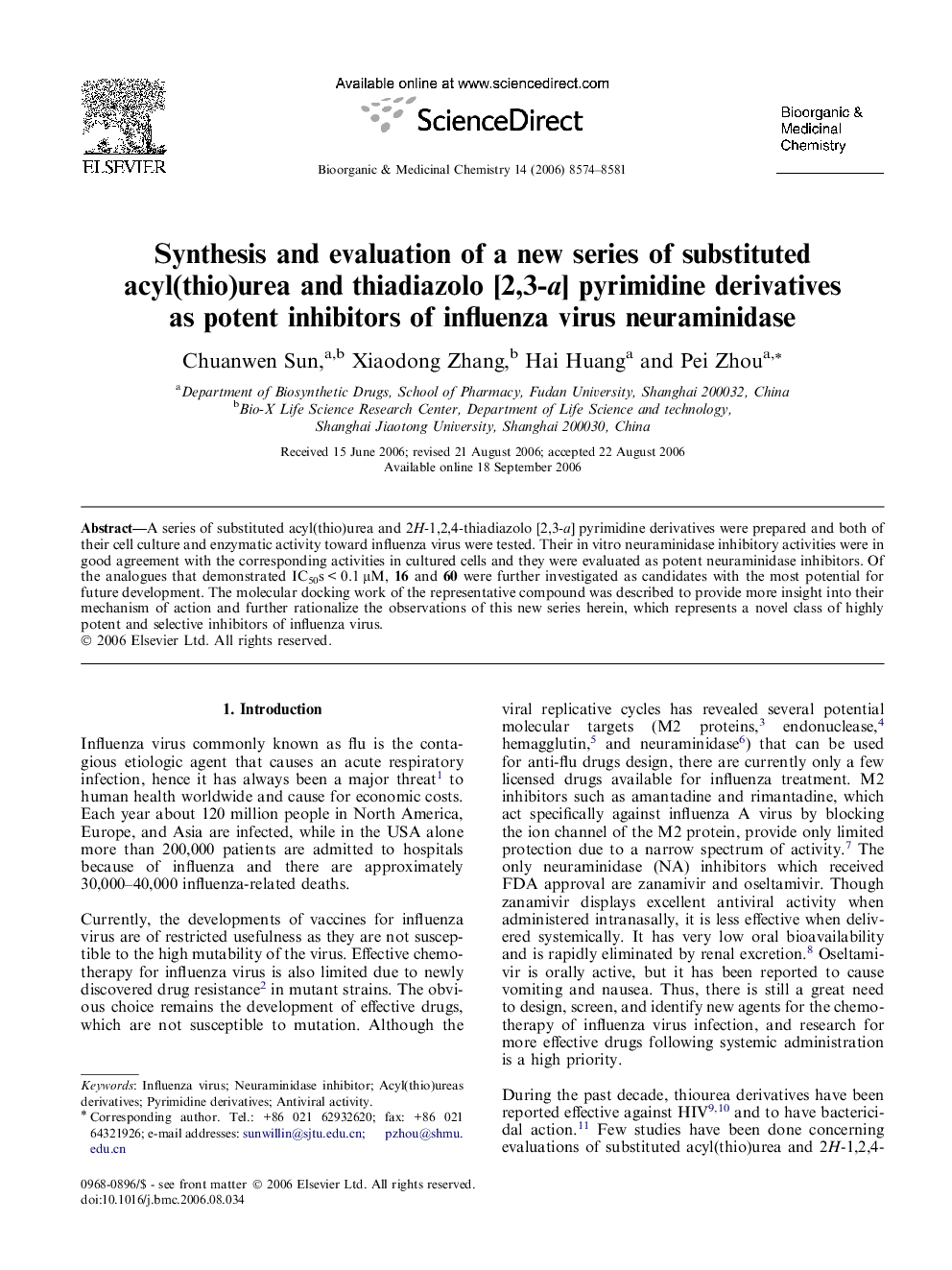 Synthesis and evaluation of a new series of substituted acyl(thio)urea and thiadiazolo [2,3-a] pyrimidine derivatives as potent inhibitors of influenza virus neuraminidase