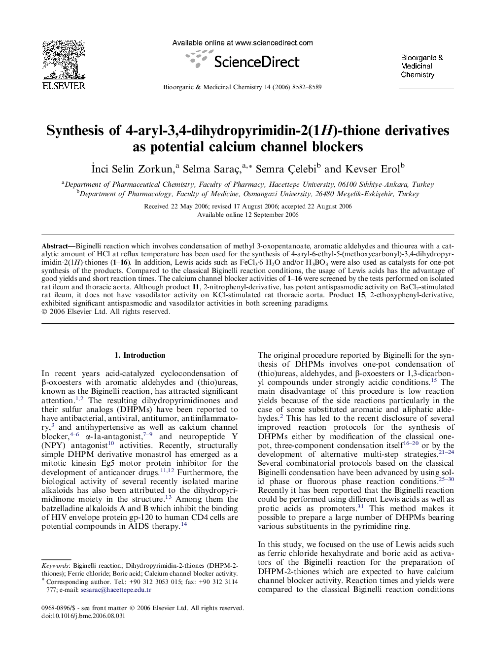 عکس صفحه اول مقاله: Synthesis of 4-aryl-3,4-dihydropyrimidin-2(1H)-thione derivatives as potential calcium channel blockers Synthesis of 4-aryl-3,4-dihydropyrimidin-2(1H)-thione derivatives as potential calcium channel blockers