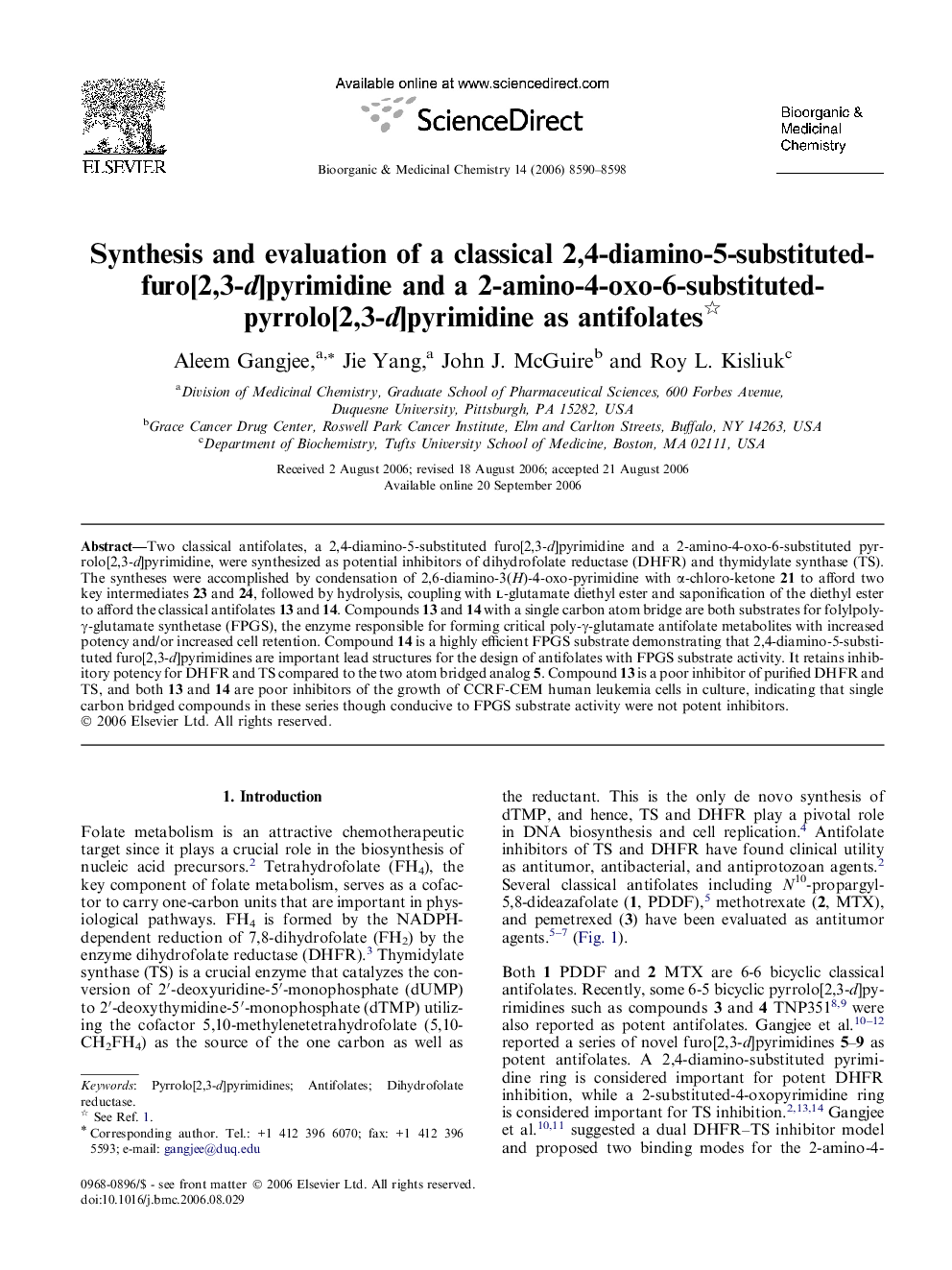 Synthesis and evaluation of a classical 2,4-diamino-5-substituted-furo[2,3-d]pyrimidine and a 2-amino-4-oxo-6-substituted-pyrrolo[2,3-d]pyrimidine as antifolates 