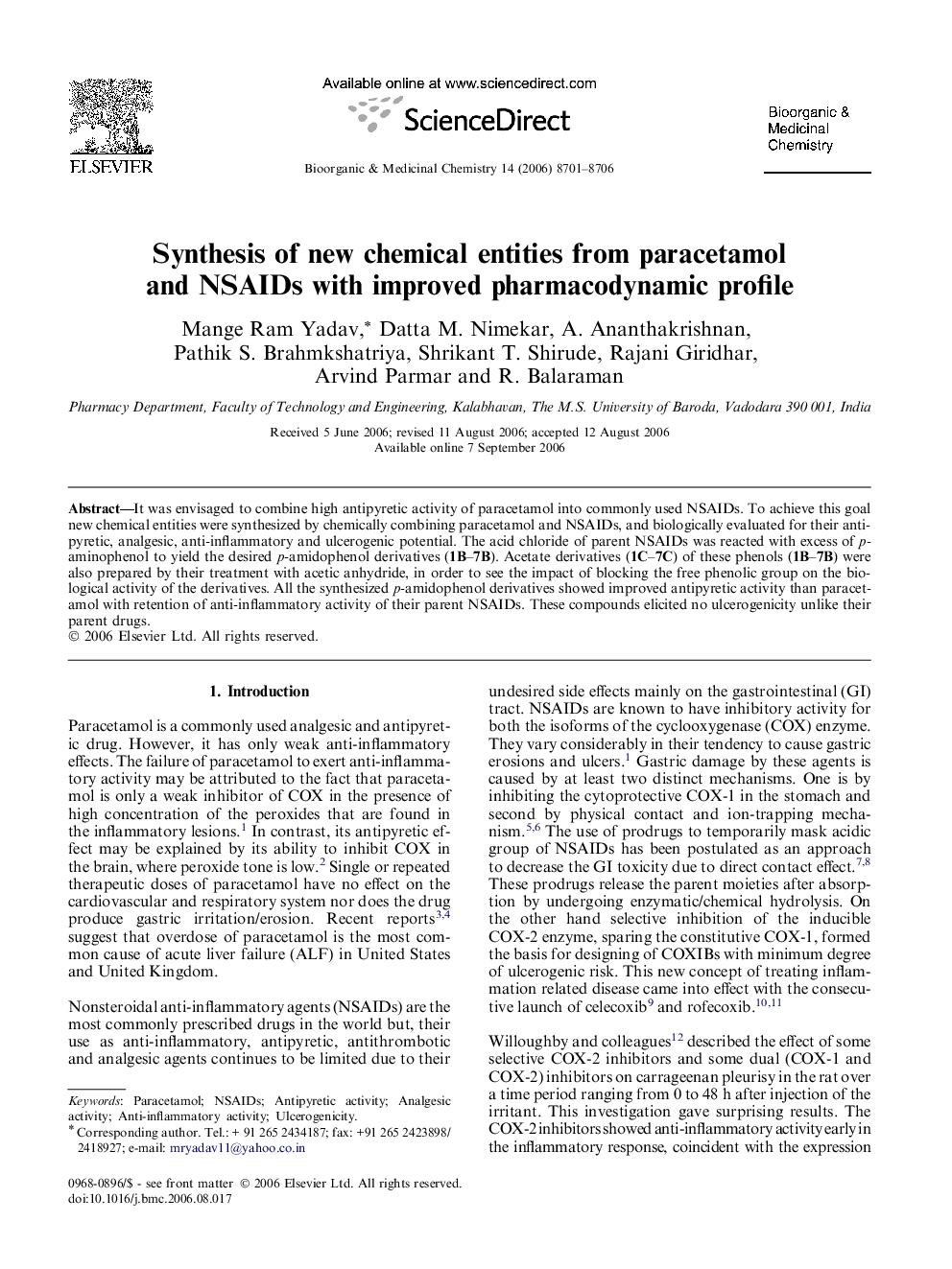 Synthesis of new chemical entities from paracetamol and NSAIDs with improved pharmacodynamic profile