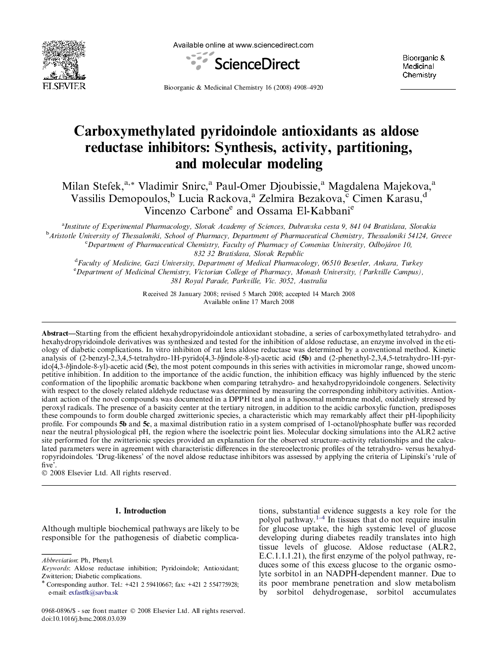 Carboxymethylated pyridoindole antioxidants as aldose reductase inhibitors: Synthesis, activity, partitioning, and molecular modeling