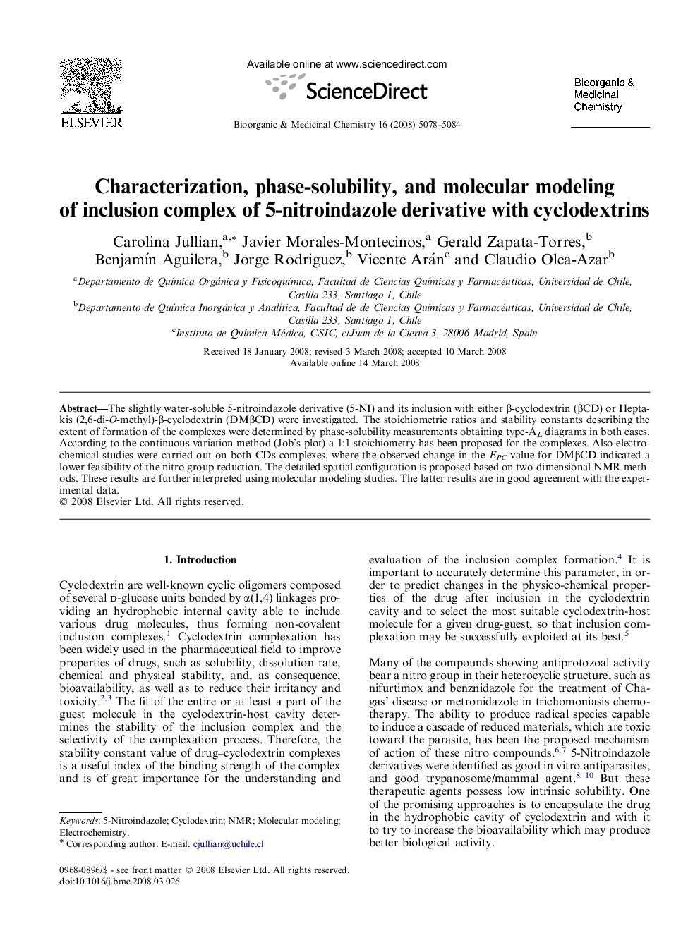 Characterization, phase-solubility, and molecular modeling of inclusion complex of 5-nitroindazole derivative with cyclodextrins