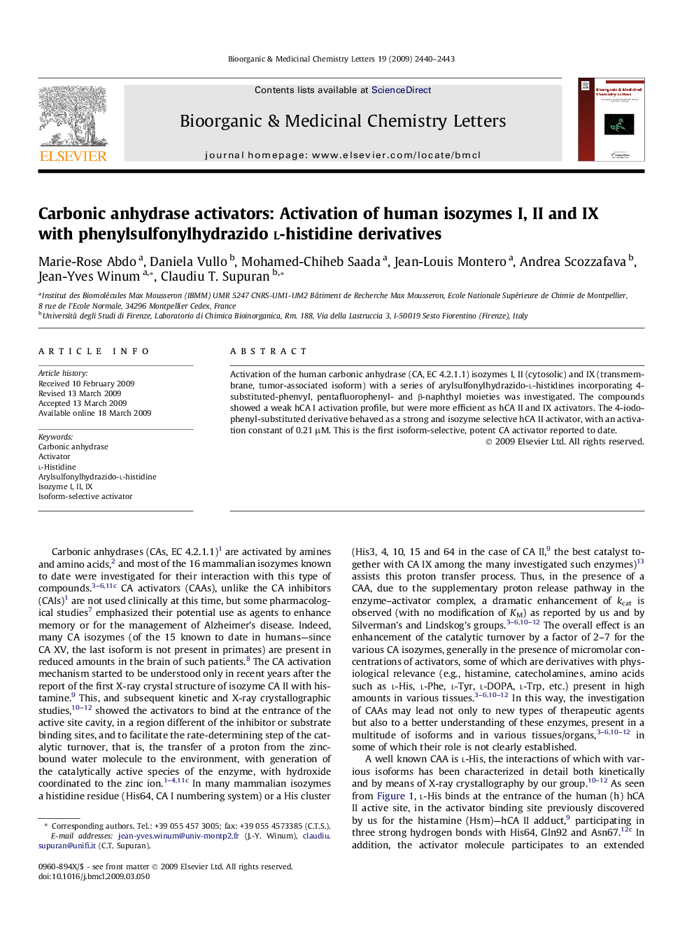 Carbonic anhydrase activators: Activation of human isozymes I, II and IX with phenylsulfonylhydrazido l-histidine derivatives