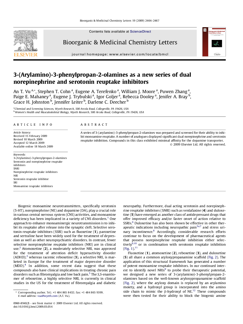 3-(Arylamino)-3-phenylpropan-2-olamines as a new series of dual norepinephrine and serotonin reuptake inhibitors