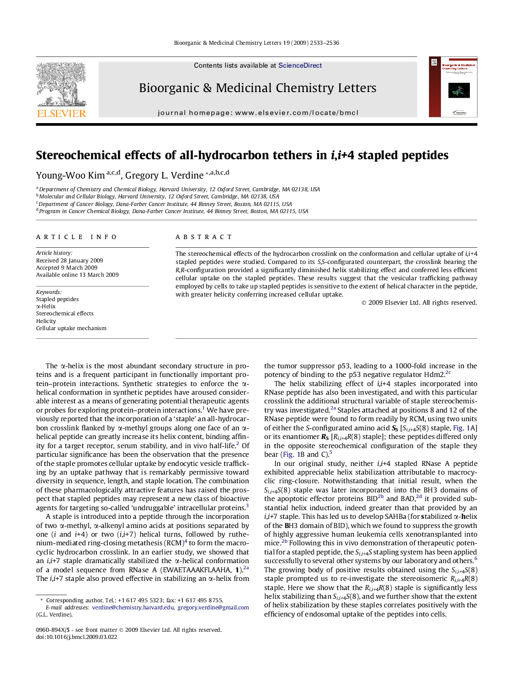 Stereochemical effects of all-hydrocarbon tethers in i,i+4 stapled peptides