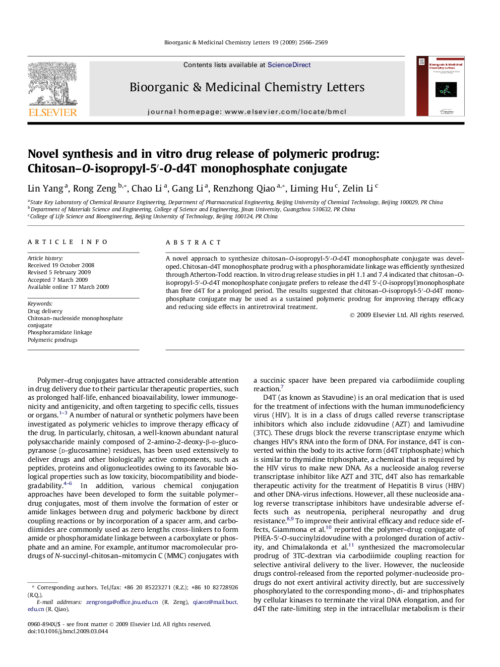 Novel synthesis and in vitro drug release of polymeric prodrug: Chitosan–O-isopropyl-5′-O-d4T monophosphate conjugate