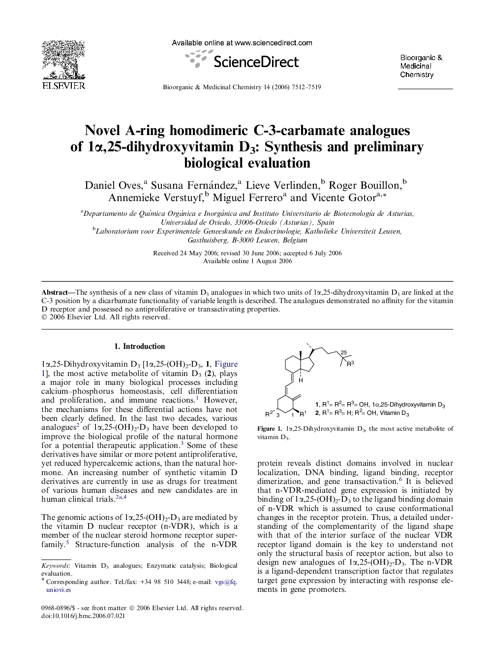 Novel A-ring homodimeric C-3-carbamate analogues of 1α,25-dihydroxyvitamin D3: Synthesis and preliminary biological evaluation