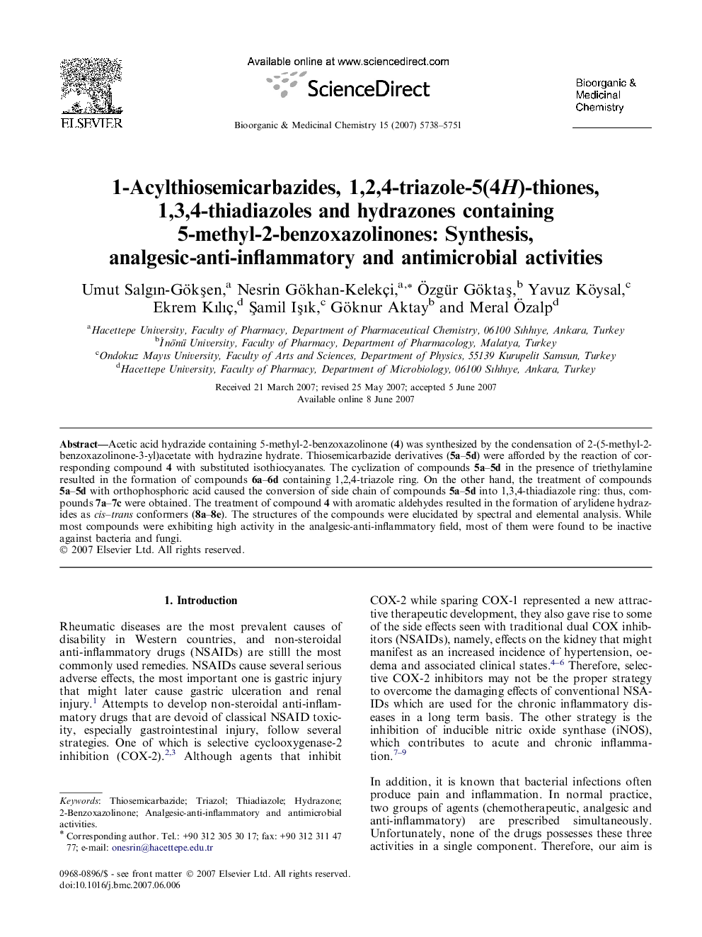 1-Acylthiosemicarbazides, 1,2,4-triazole-5(4H)-thiones, 1,3,4-thiadiazoles and hydrazones containing 5-methyl-2-benzoxazolinones: Synthesis, analgesic-anti-inflammatory and antimicrobial activities