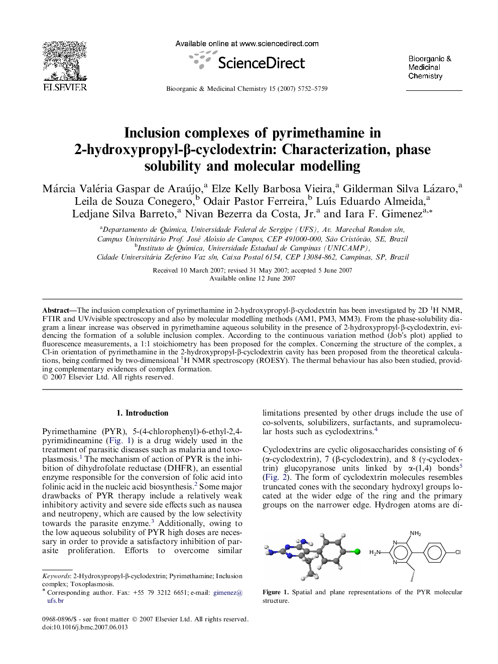 Inclusion complexes of pyrimethamine in 2-hydroxypropyl-β-cyclodextrin: Characterization, phase solubility and molecular modelling